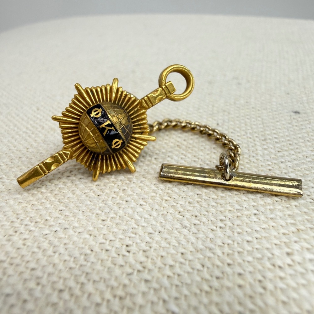 Phi Kappa Phi Honor Society Key Lapel Pin Gold Tone Vintage Enamel T-Bar Chain